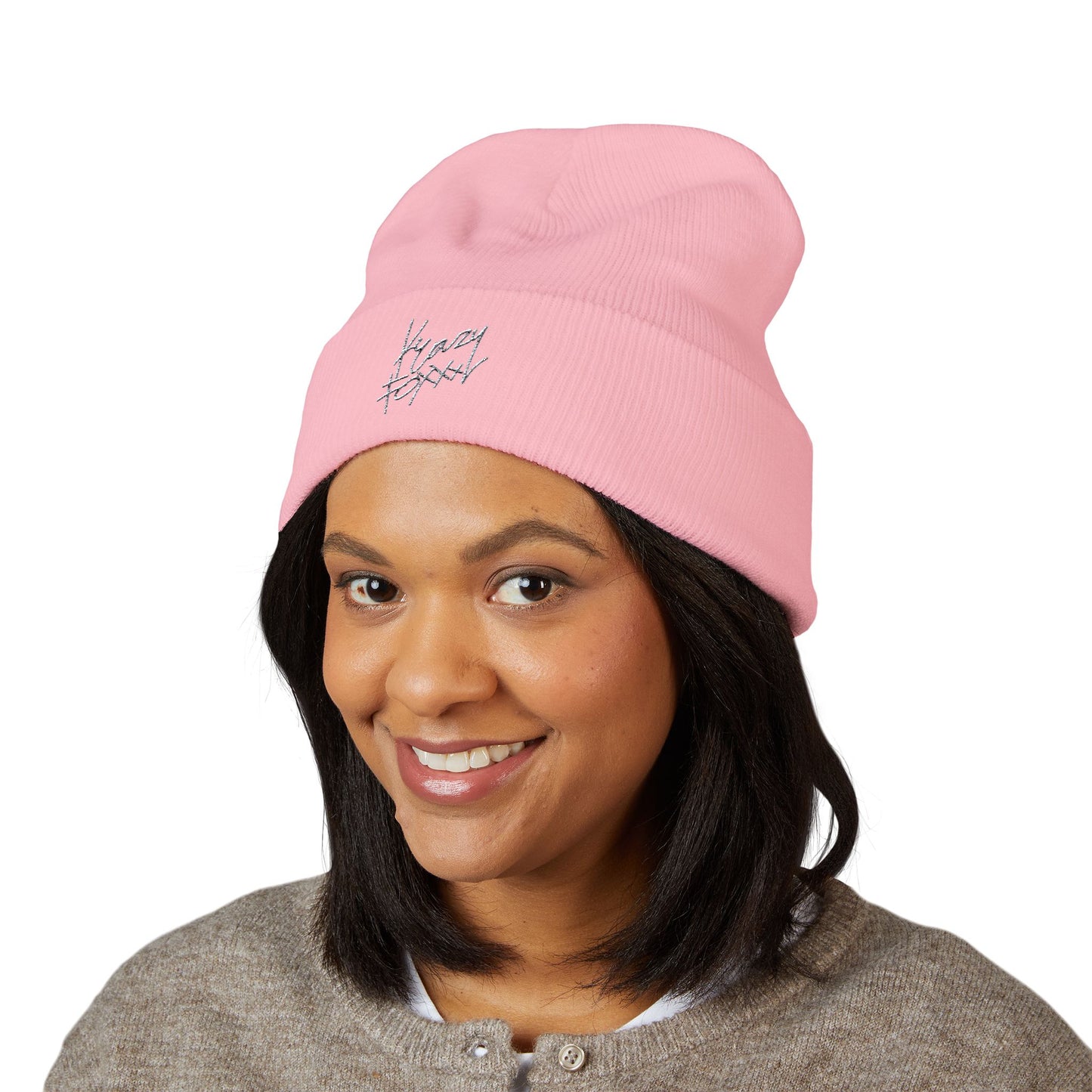 Pink Embroidered Beanie Hat, Cozy Knit Cap, Winter Accessory, Gift for Her, Cute Beanie for Teens, Stylish Cold Weather Wear