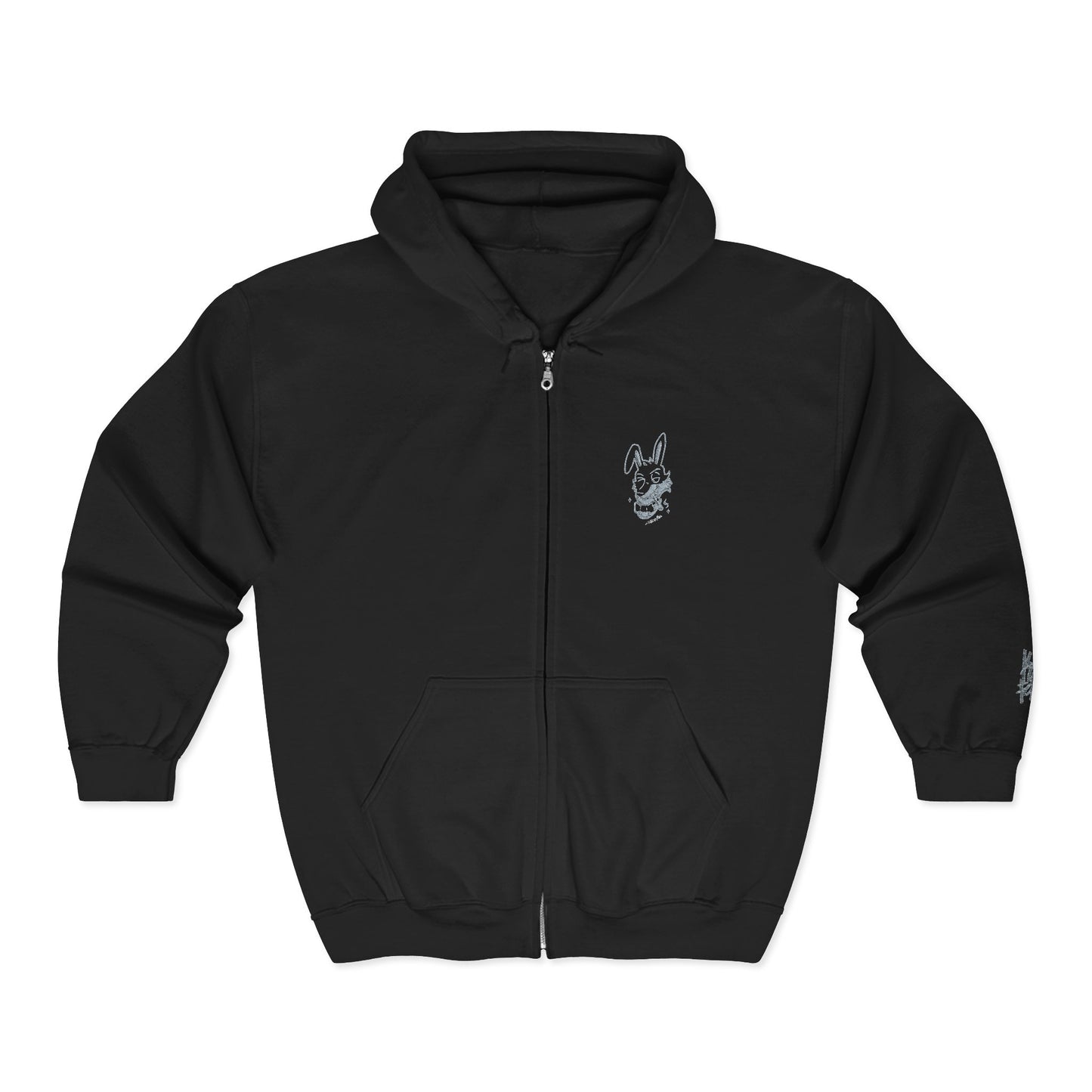 White Zip Hoodie with Small Floral Skull Chest & Sleeve Graphic