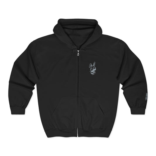White Zip Hoodie with Small Floral Skull Chest & Sleeve Graphic