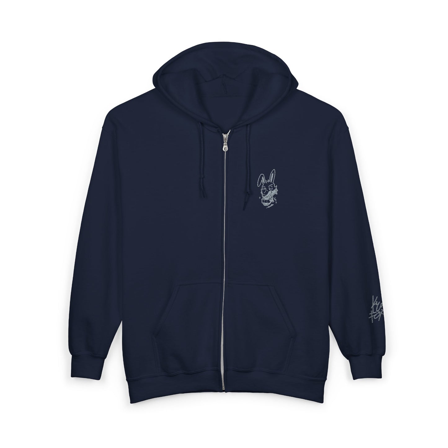 White Zip Hoodie with Small Floral Skull Chest & Sleeve Graphic
