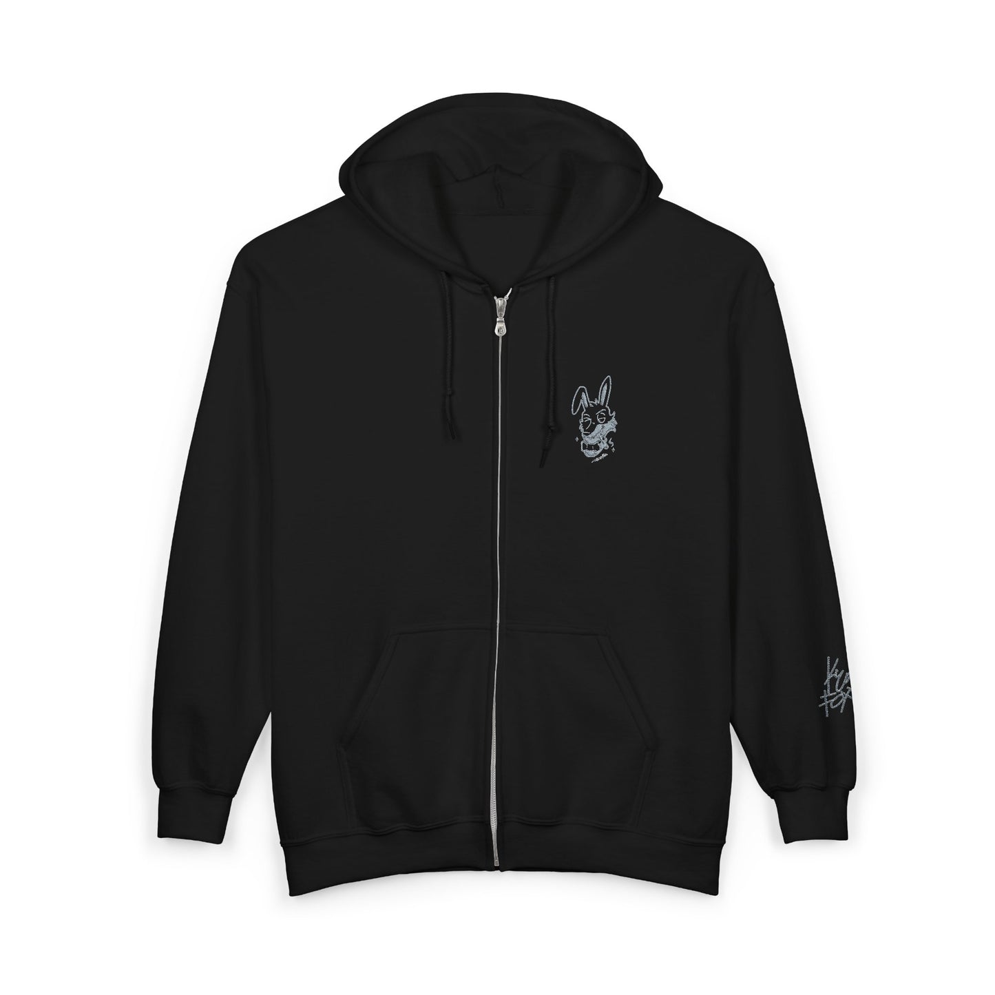 White Zip Hoodie with Small Floral Skull Chest & Sleeve Graphic
