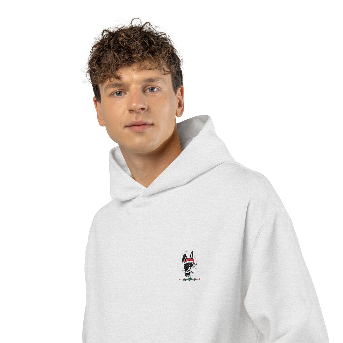 Minimal Bunny Embroidered Hoodie — Relaxed White Casual Pullover